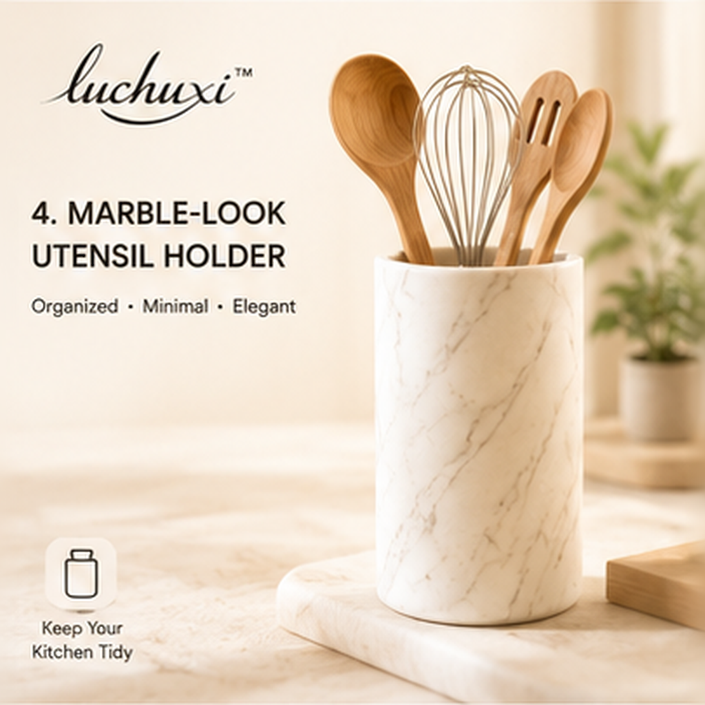 ππ’πβπ’π₯π white marble look utensil holder with wooden cooking tools