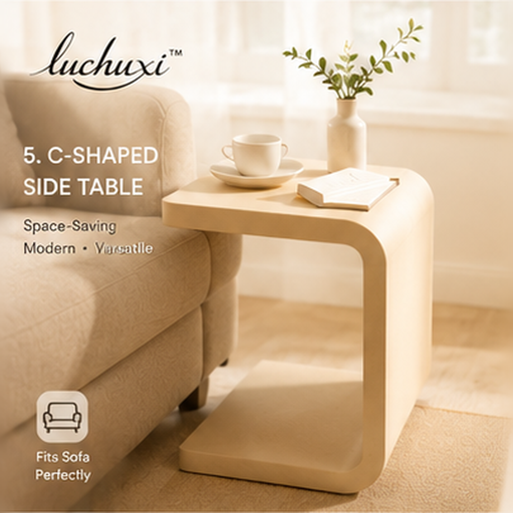 𝑙𝑢𝑐ℎ𝑢𝑥𝑖 modern sculptural C-shaped side table beside a neutral sofa