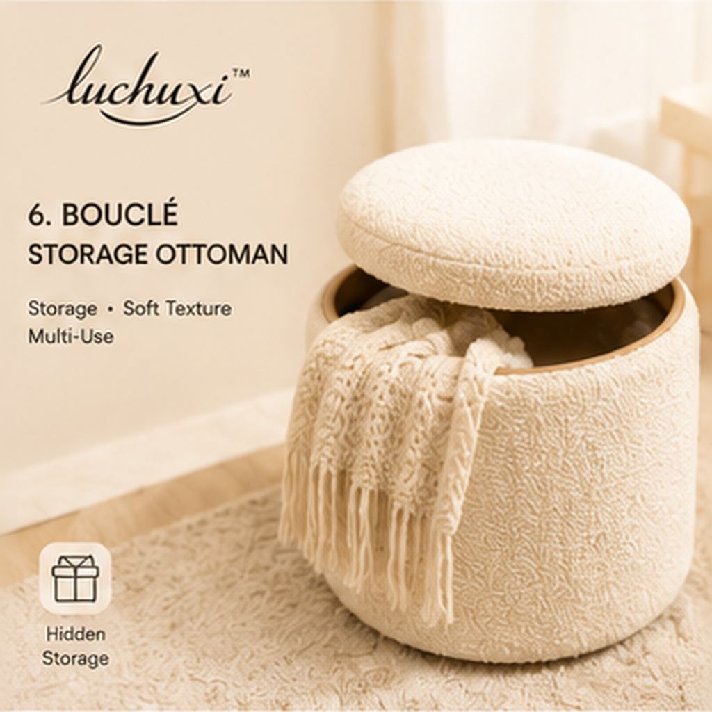 𝑙𝑢𝑐ℎ𝑢𝑥𝑖 cream bouclé round storage ottoman with hidden blanket compartment