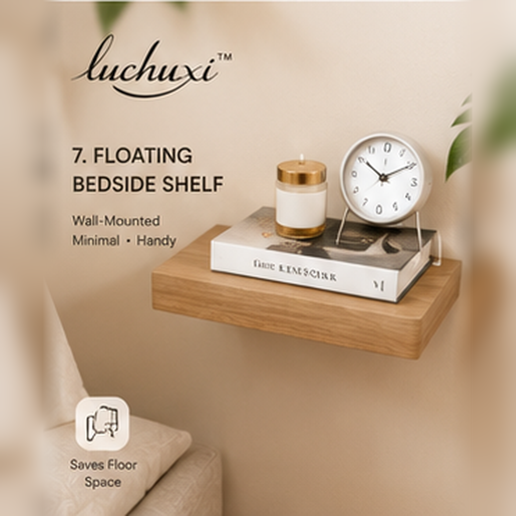 𝑙𝑢𝑐ℎ𝑢𝑥𝑖 minimalist floating bedside shelf mounted beside a bed