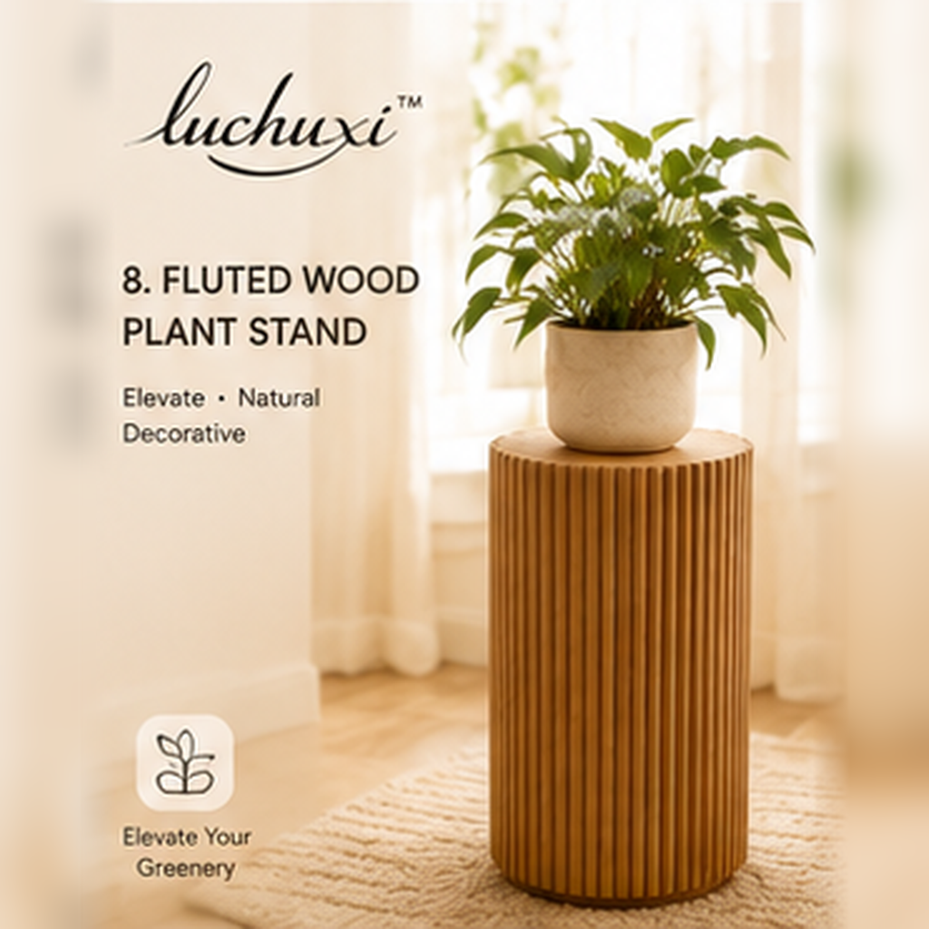 𝑙𝑢𝑐ℎ𝑢𝑥𝑖 fluted wood pedestal plant stand with indoor greenery