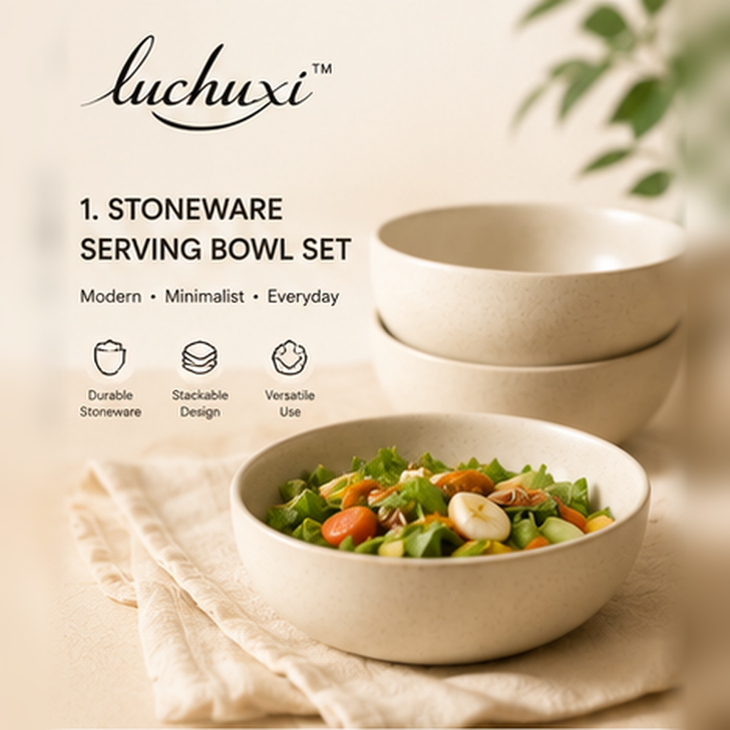 𝑙𝑢𝑐ℎ𝑢𝑥𝑖 minimalist stoneware serving bowl set in warm neutral tones