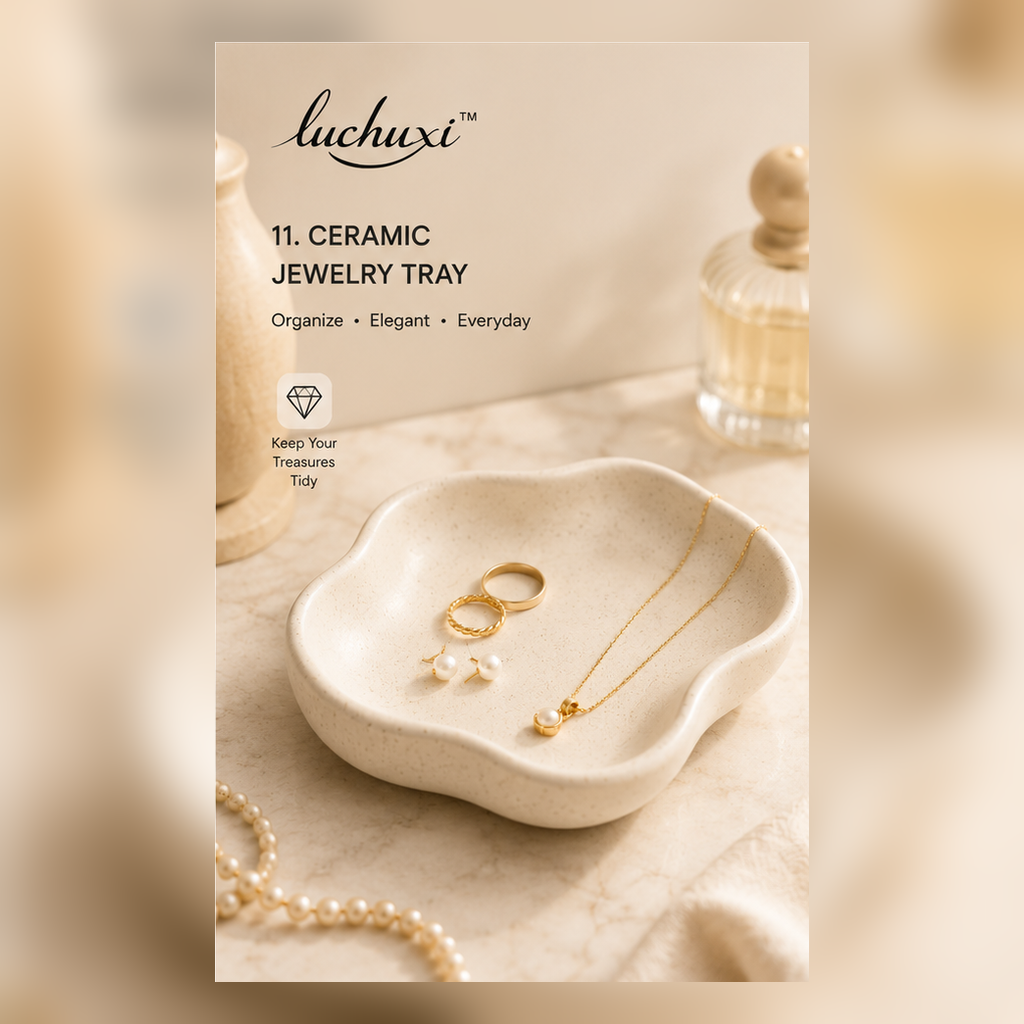 𝑙𝑢𝑐ℎ𝑢𝑥𝑖 organic cream ceramic jewelry catchall tray with rings and necklace