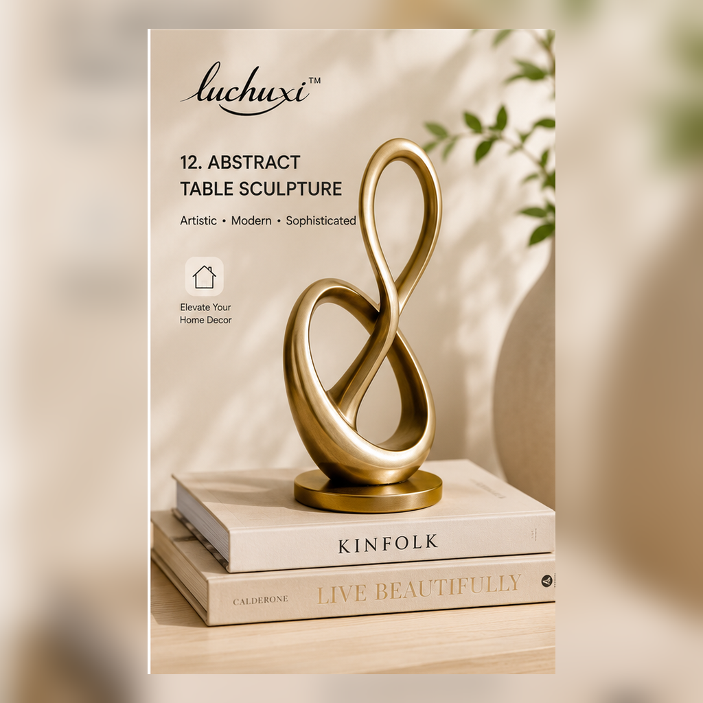 𝑙𝑢𝑐ℎ𝑢𝑥𝑖 abstract brass tone table sculpture displayed on books